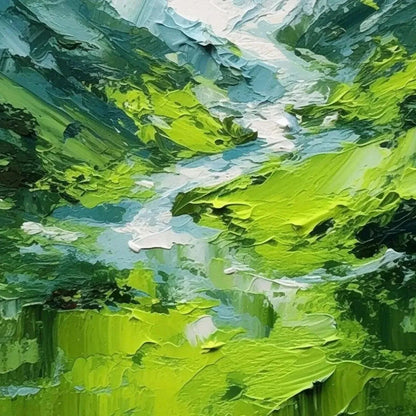 Emerald Valley hand-painted emerald green and ivory textured abstract mountain painting shown with silver frame