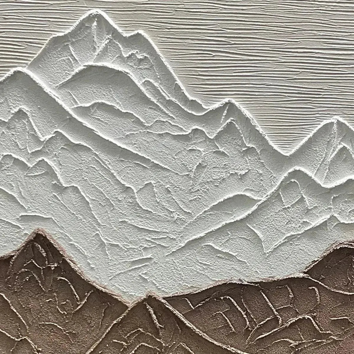 Earth River hand-painted white and earth brown textured mountain river landscape painting shown with gold frame