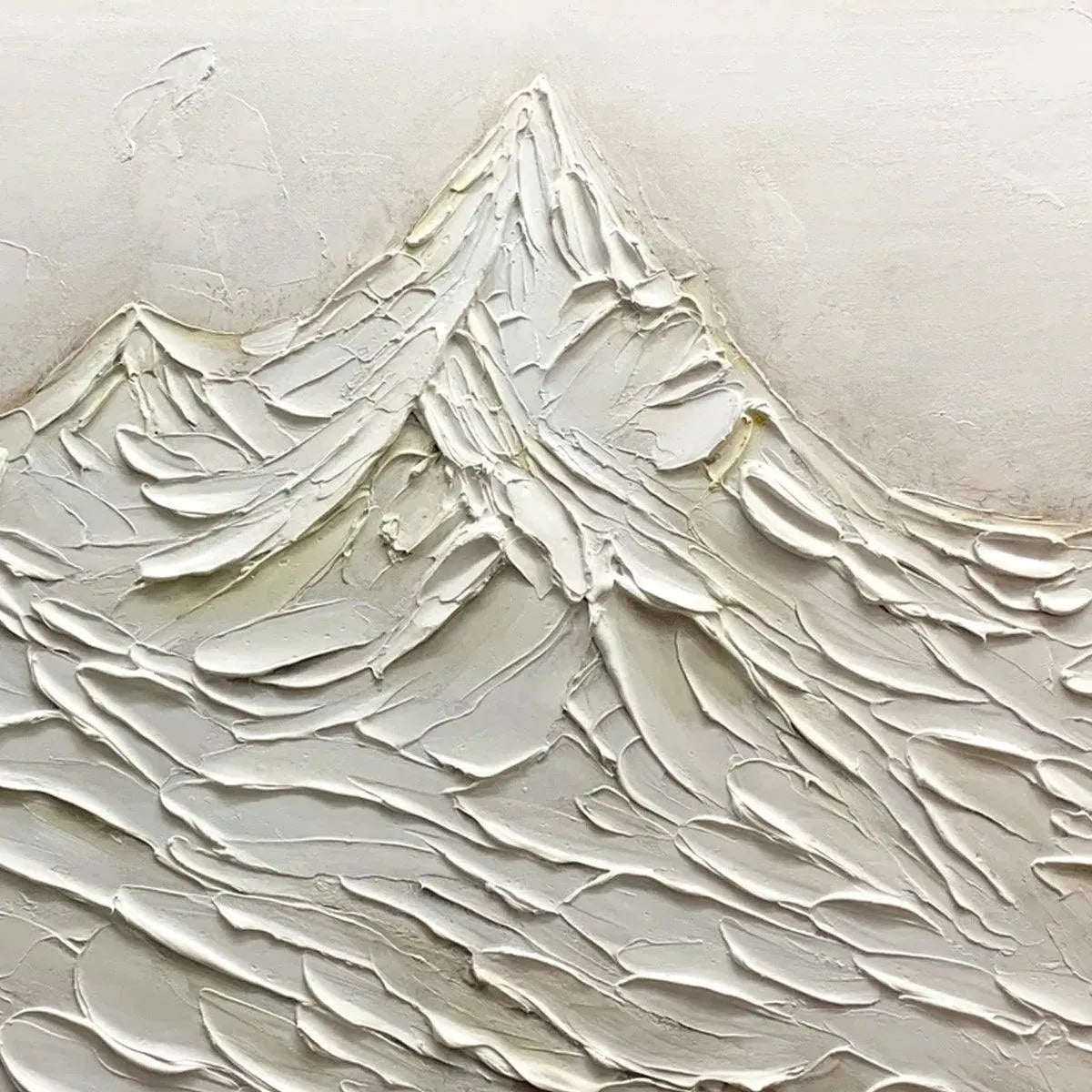 White Mountains hand-painted white and soft beige textured abstract mountain painting shown with black frame
