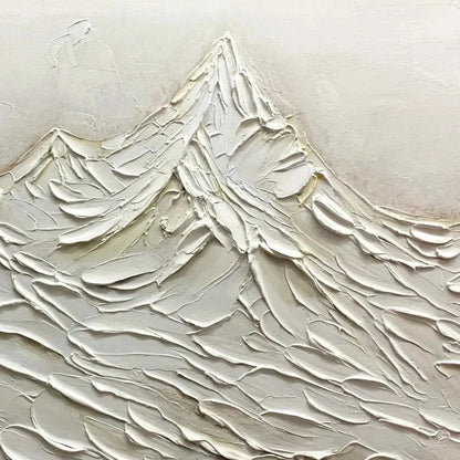 White Mountains hand-painted white and soft beige textured abstract mountain painting shown with black frame