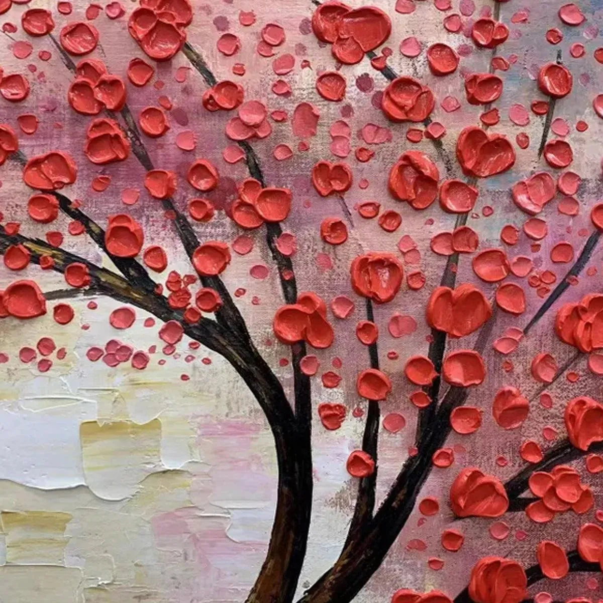 Heart Tree hand-painted red and ivory textured tree painting shown with gold frame
