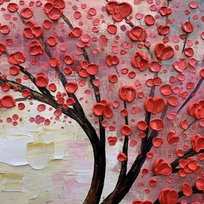 Heart Tree hand-painted red and ivory textured tree painting shown with gold frame