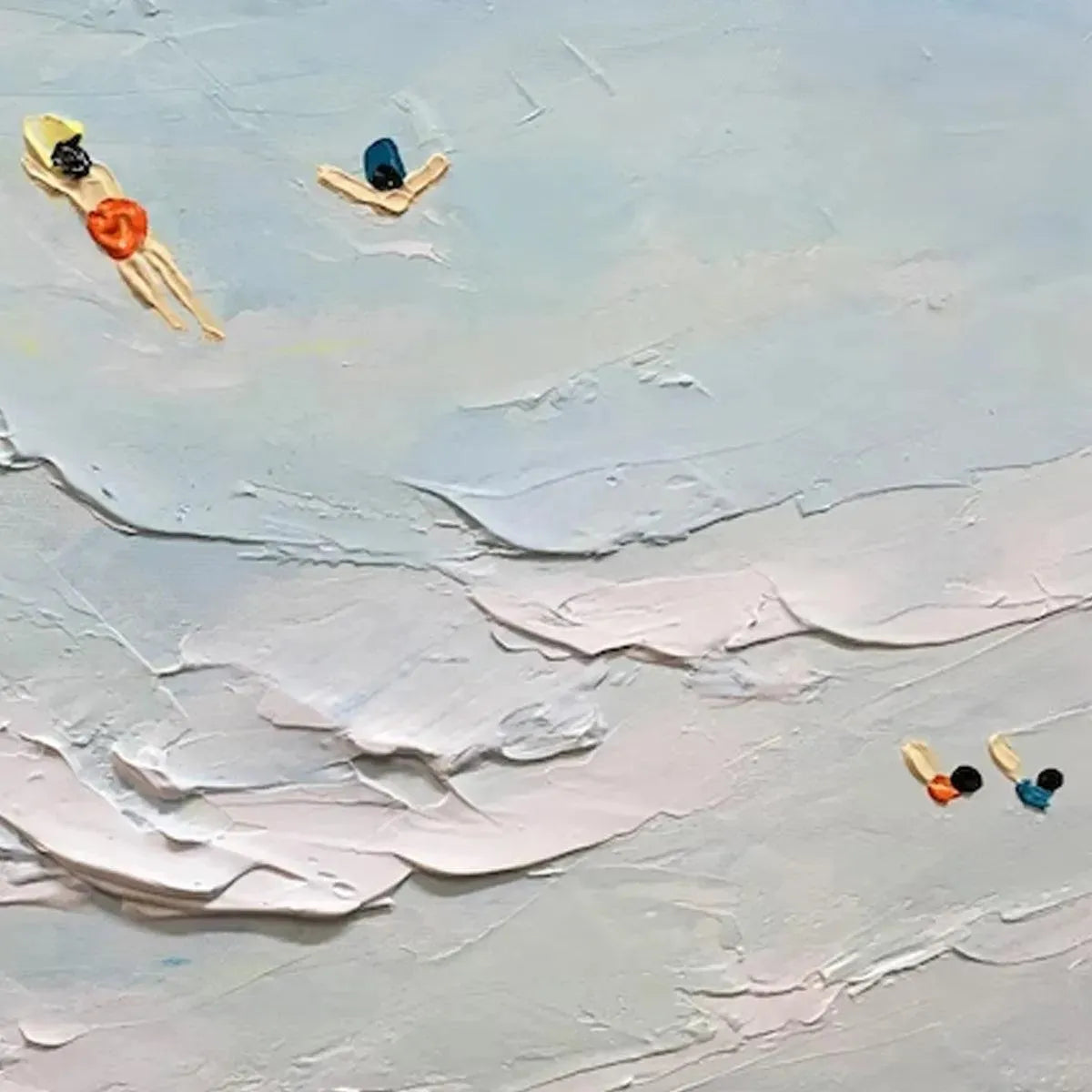 Summer Beach hand-painted ocean blue, ivory and soft neutral tones textured surfer ocean painting shown with silver frame