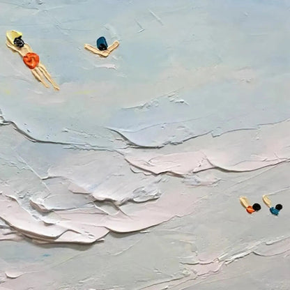 Summer Beach hand-painted ocean blue, ivory and soft neutral tones textured surfer ocean painting shown with silver frame