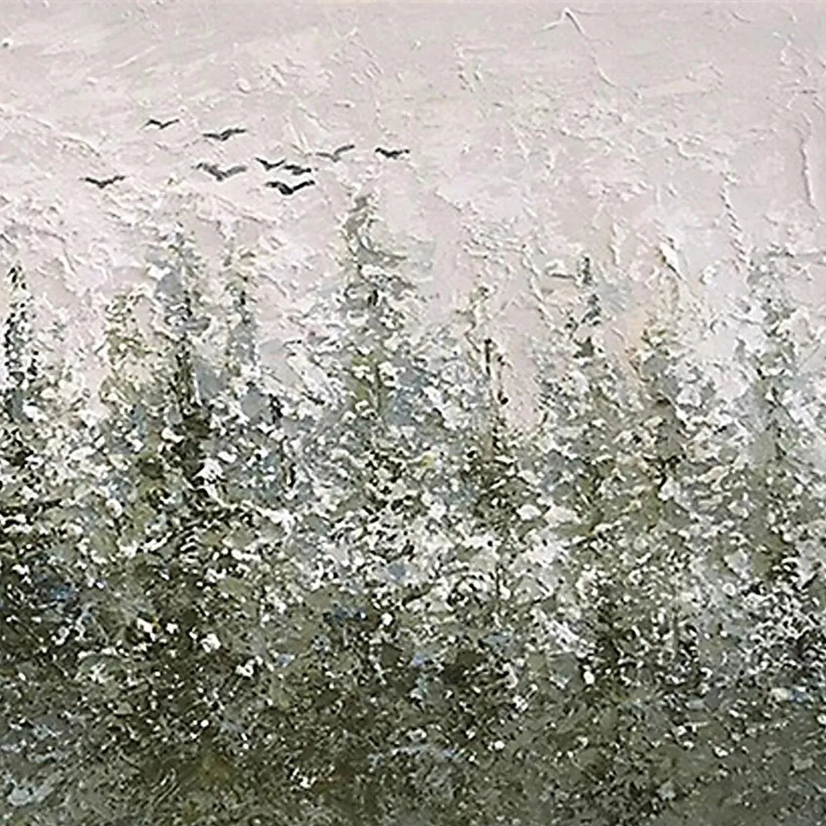 Misty Forest hand-painted forest green, soft grey and warm earth tones textured forest landscape painting shown with gold frame