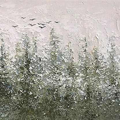 Misty Forest hand-painted forest green, soft grey and warm earth tones textured forest landscape painting shown with gold frame