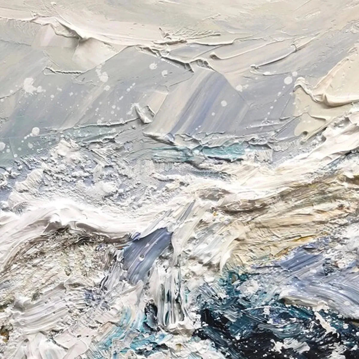 Frozen Motion hand-painted white and teal textured coastal abstract painting shown with silver frame