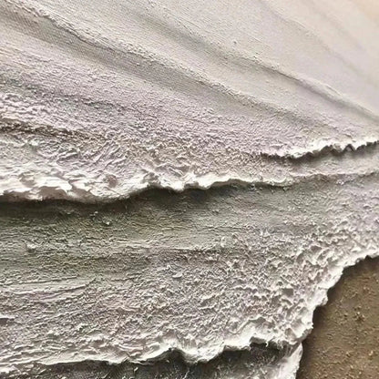 Serene Shore hand-painted beige and ivory textured coastal landscape painting shown with silver frame