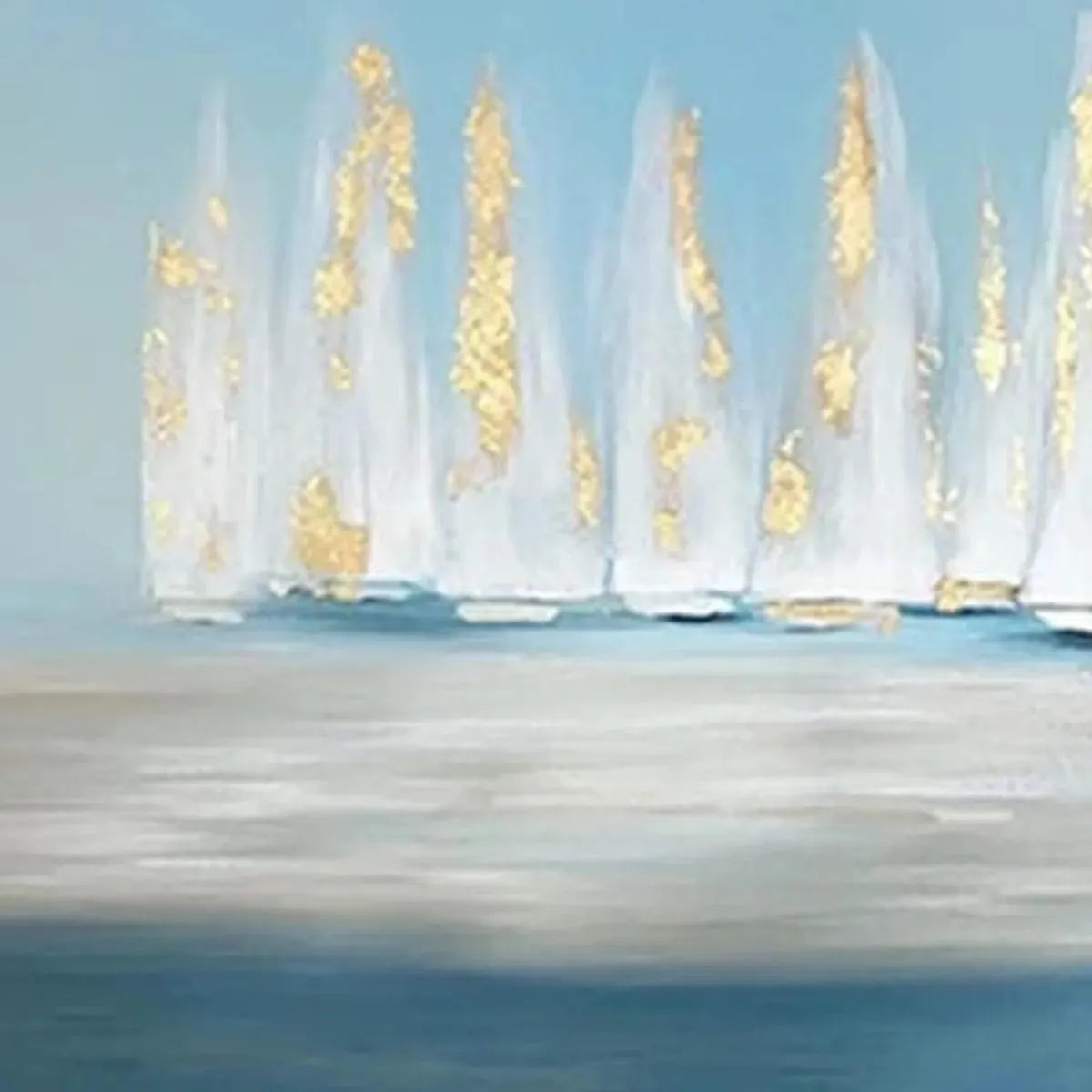 Golden Sails hand-painted gold and ivory textured sailboat seascape painting shown with silver frame