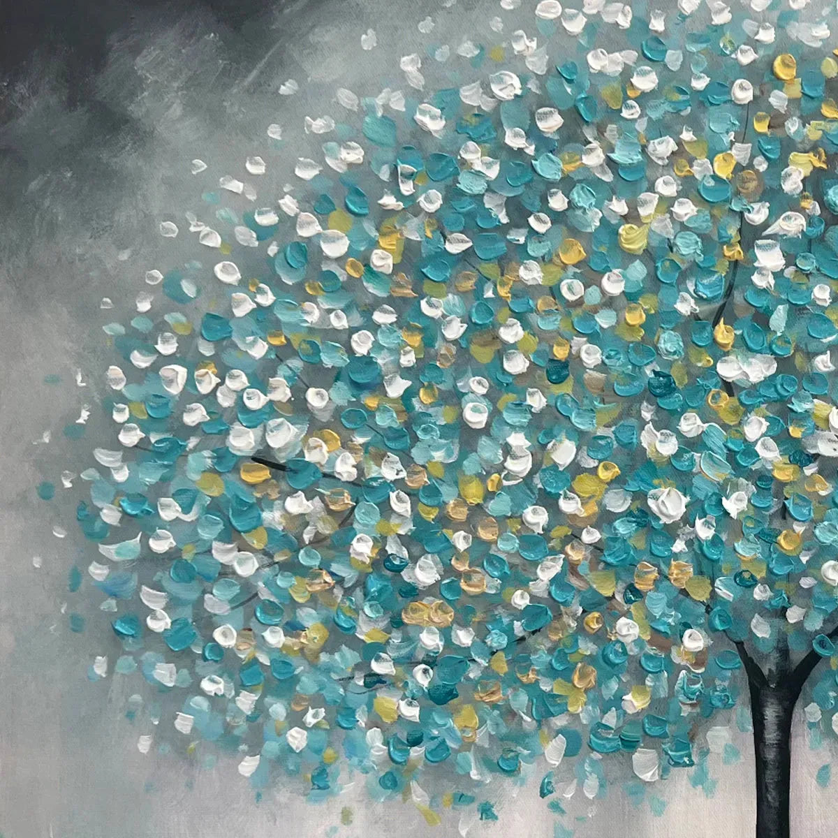 Teal Dream hand-painted soft grey and teal textured tree painting shown with gold frame