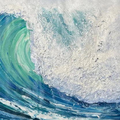 Emerald Surge hand-painted ocean blue and emerald green textured surfer ocean painting shown with silver frame