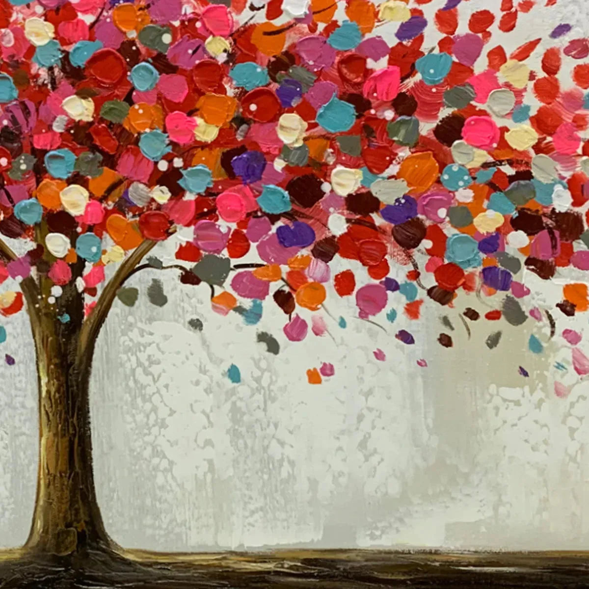 Jewel Tree hand-painted crimson, golden yellow, turquoise and violet textured tree painting shown with gold frame