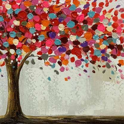 Jewel Tree hand-painted crimson, golden yellow, turquoise and violet textured tree painting shown with gold frame