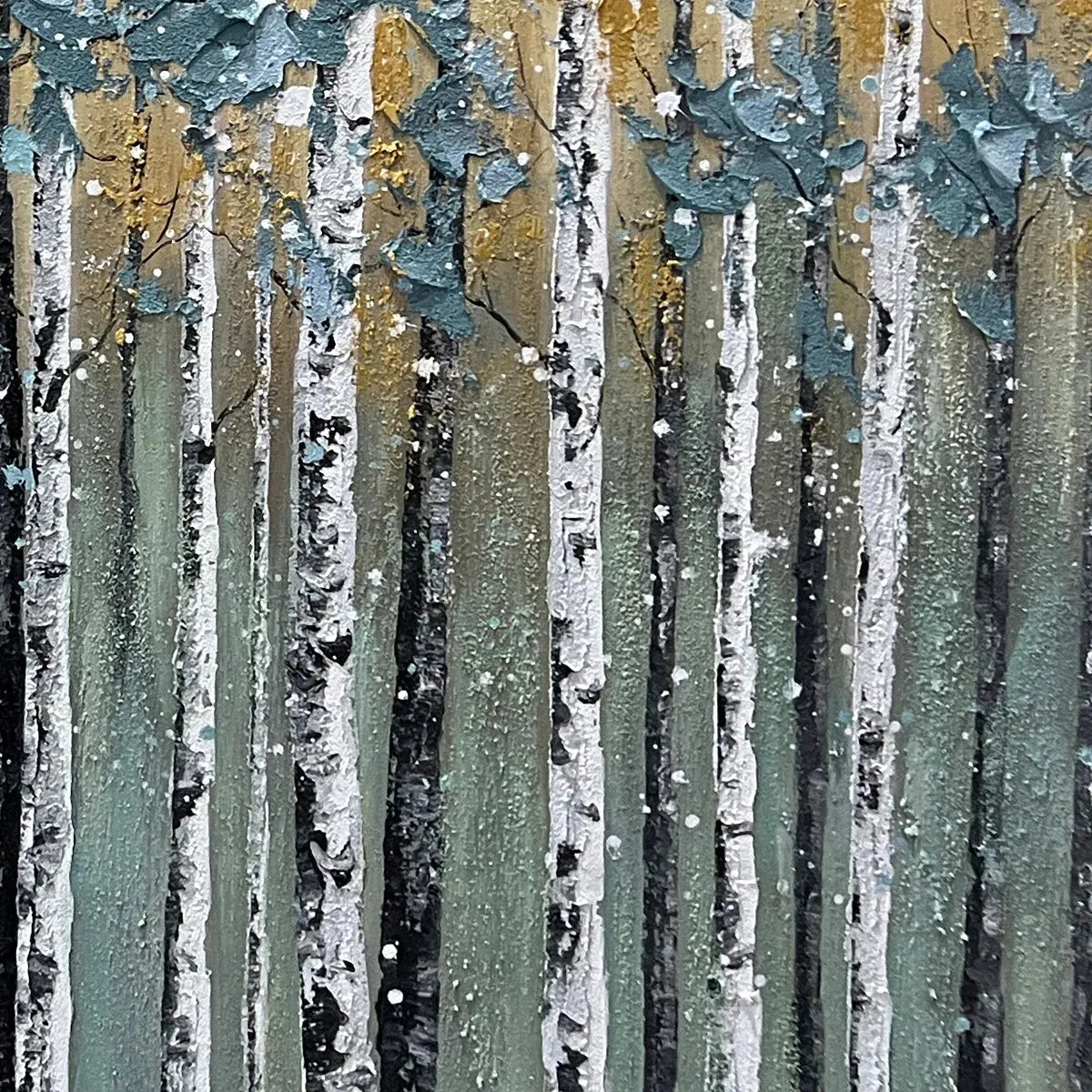 Golden Birch Grove hand-painted white, green and gold textured forest landscape painting shown with black frame