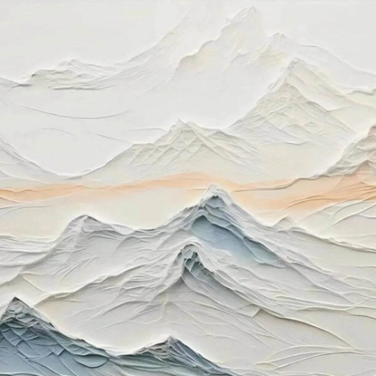 Tranquil Peaks hand-painted beige, ocean blue and orange textured abstract mountain painting shown with black frame