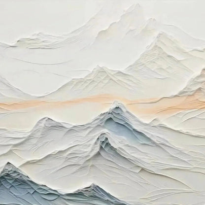 Tranquil Peaks hand-painted beige, ocean blue and orange textured abstract mountain painting shown with black frame