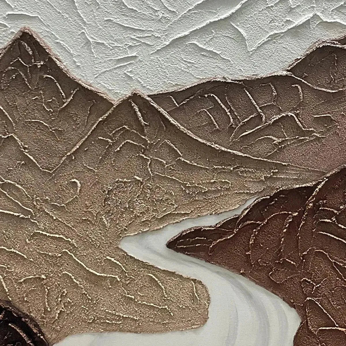 Earth River hand-painted white and earth brown textured mountain river landscape painting shown with black frame