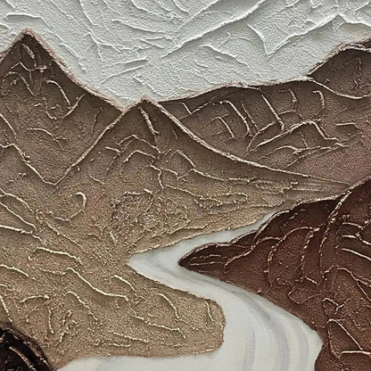 Earth River hand-painted white and earth brown textured mountain river landscape painting shown with black frame