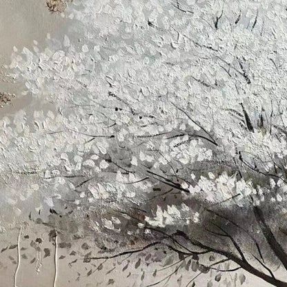 Winter's Grace hand-painted white, beige and gold textured tree painting shown with gold frame