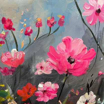 Pink and Grey Floral Impasto Painting – Summer Bloom