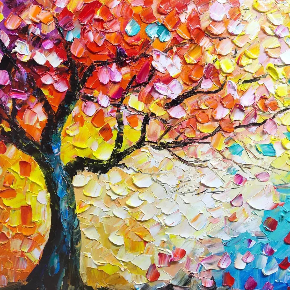 Whispers of Autumn hand-painted crimson, golden yellow, turquoise and violet textured tree painting shown with black frame