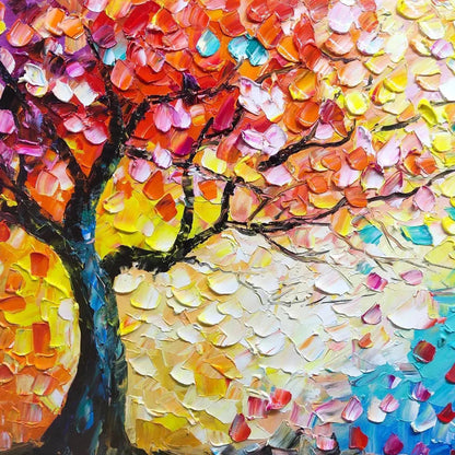 Whispers of Autumn hand-painted crimson, golden yellow, turquoise and violet textured tree painting shown with black frame