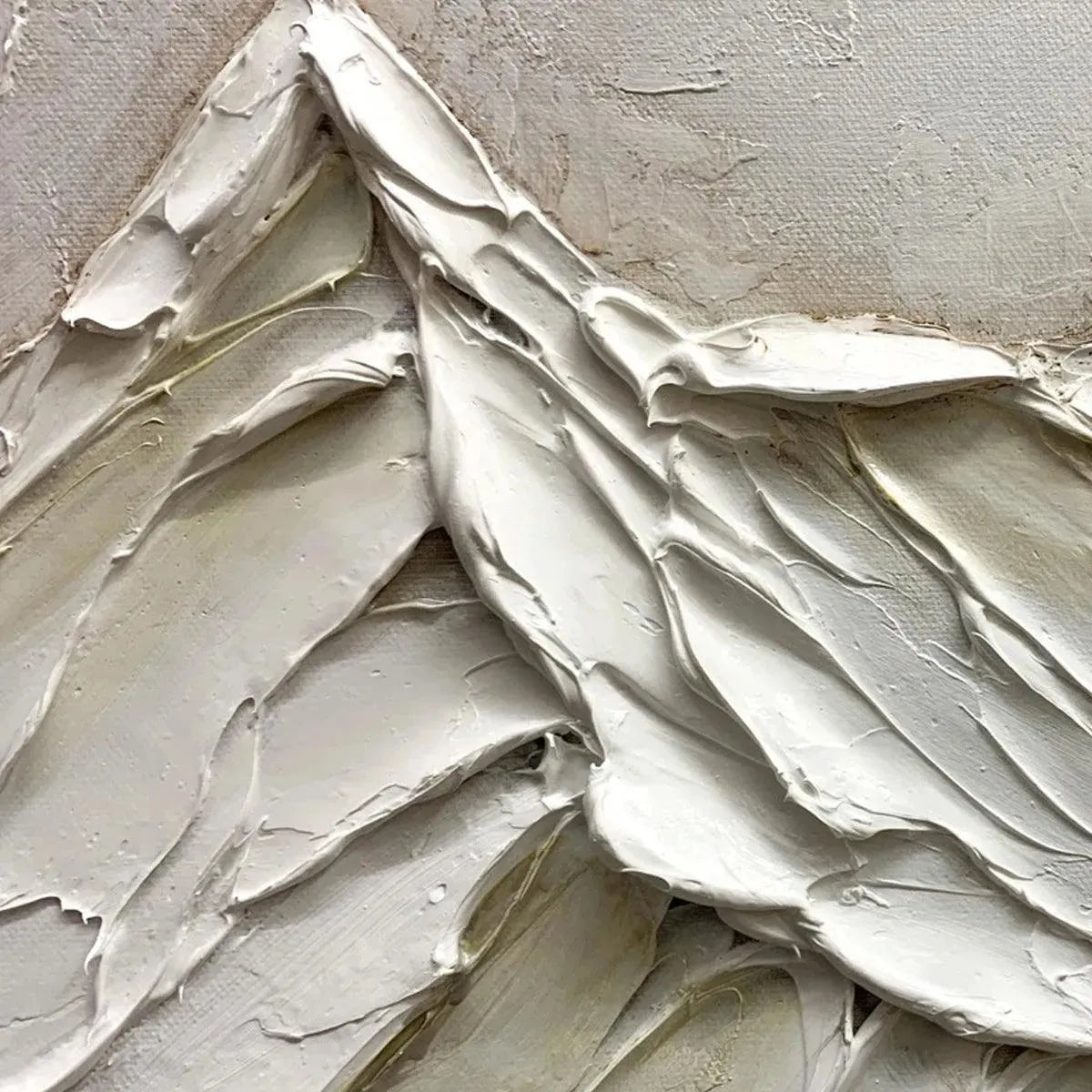 White Mountains hand-painted white and soft beige textured abstract mountain painting shown with gold frame