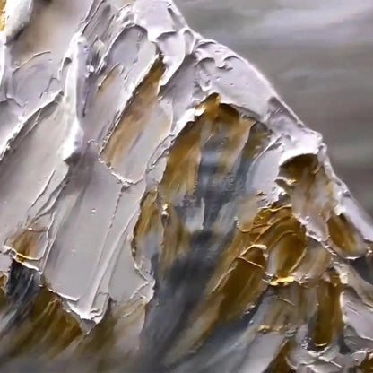 Golden Peaks hand-painted soft grey and gold textured mountain landscape painting shown with gold frame