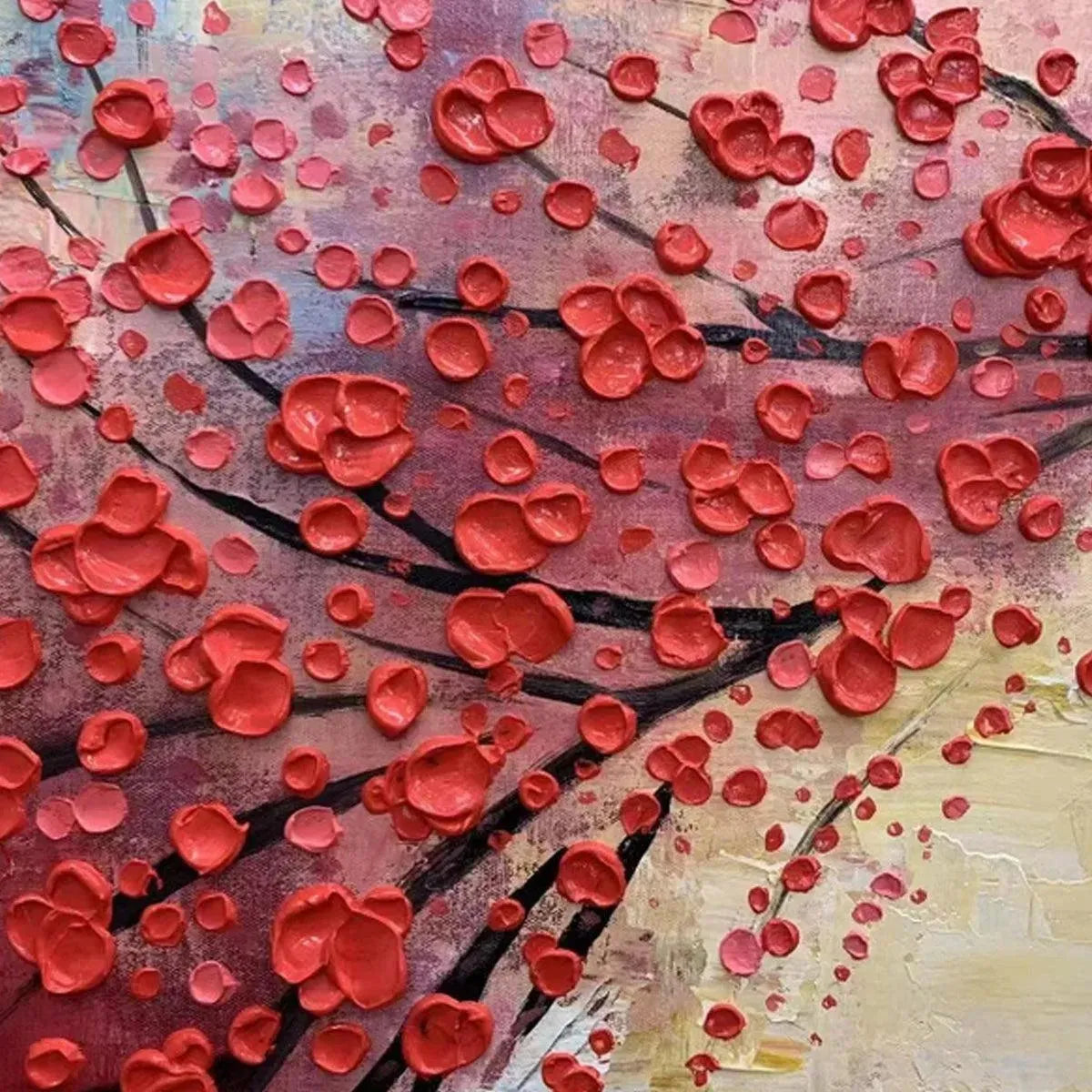 Heart Tree hand-painted red and ivory textured tree painting shown with black frame