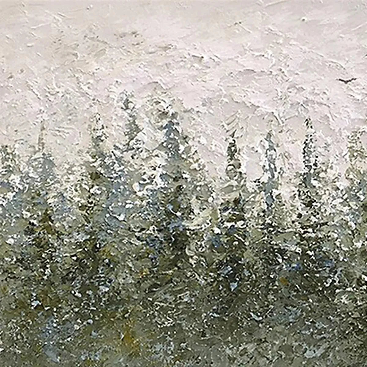 Misty Forest hand-painted forest green, soft grey and warm earth tones textured forest landscape painting shown with black frame