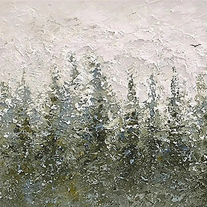 Misty Forest hand-painted forest green, soft grey and warm earth tones textured forest landscape painting shown with black frame