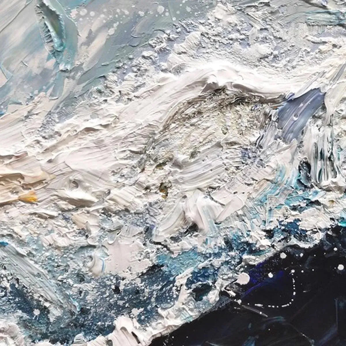 Frozen Motion hand-painted white and teal textured coastal abstract painting shown with black frame