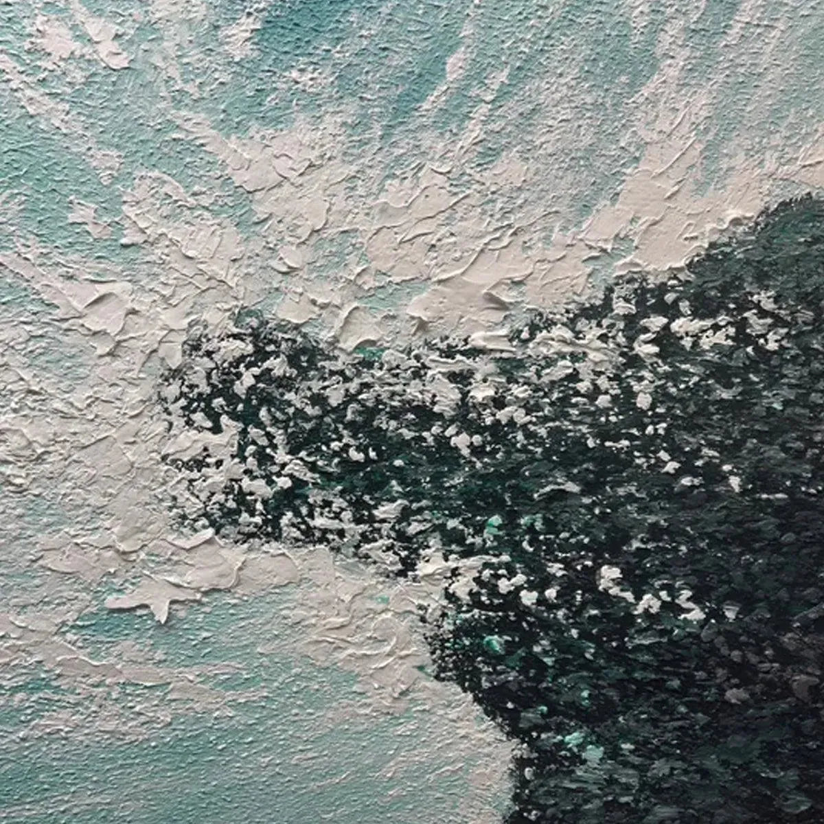 Turquoise Crash hand-painted black, turquoise and teal textured coastal abstract painting shown with black frame