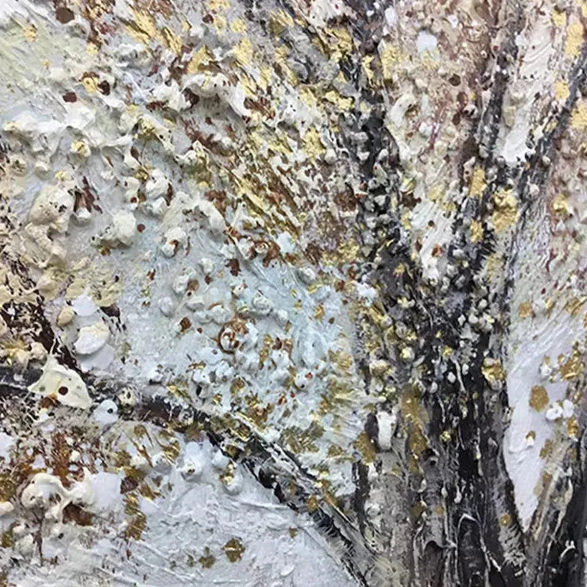 Golden Tree hand-painted soft grey and gold textured tree painting shown with black frame