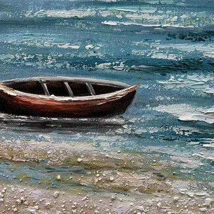 Red Boat At The Shore hand-painted red and ivory textured coastal landscape painting shown with gold frame