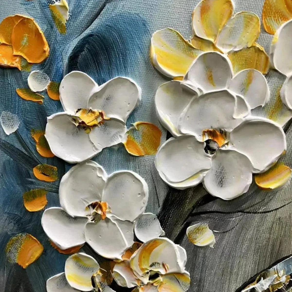 Gold and White Floral Textured Painting – Spring Blossoms