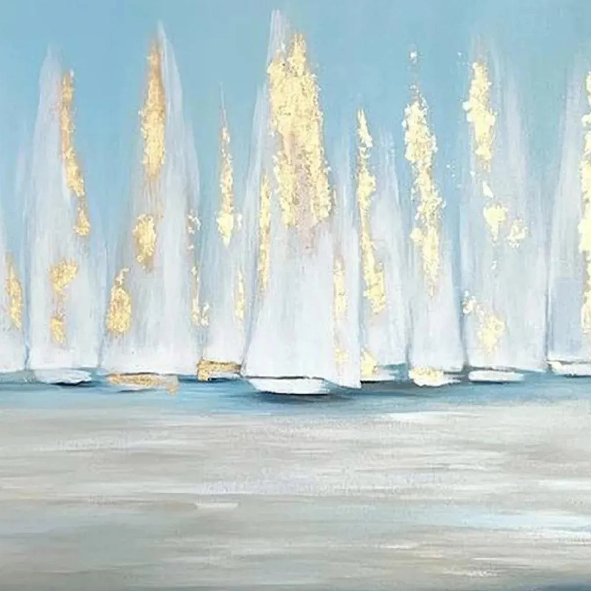Golden Sails hand-painted gold and ivory textured sailboat seascape painting shown with wood frame