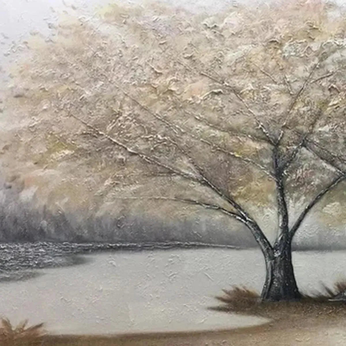 Twilight Trees hand-painted forest green, soft grey and warm earth tones textured forest landscape painting shown as stretched canvas