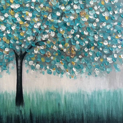 Teal Dream hand-painted soft grey and teal textured tree painting shown with black frame