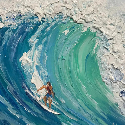 Emerald Surge hand-painted ocean blue and emerald green textured surfer ocean painting rolled canvas option