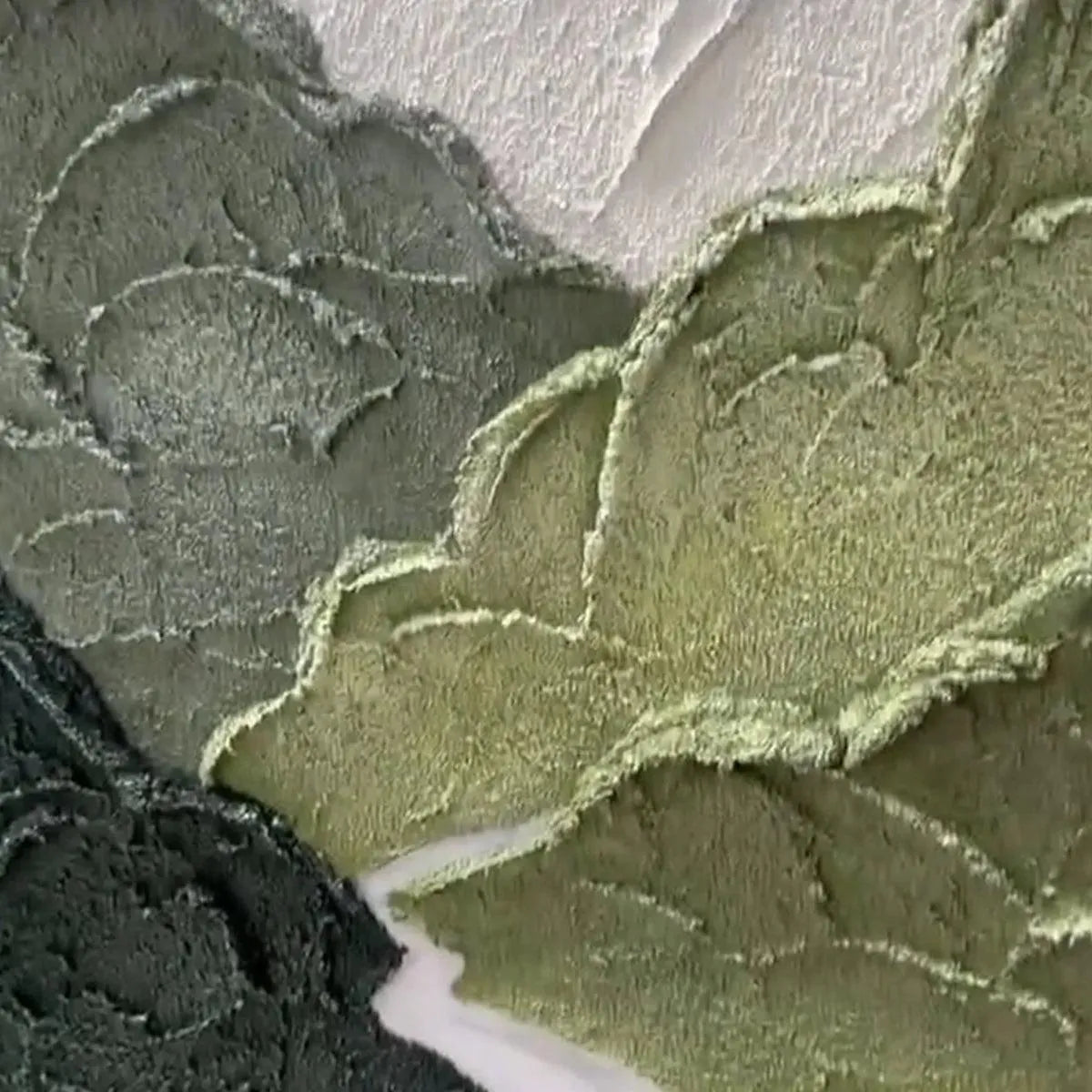 Jade Peak hand-painted white and green textured mountain river landscape painting shown with gold frame