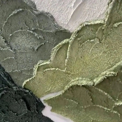 Jade Peak hand-painted white and green textured mountain river landscape painting shown with gold frame