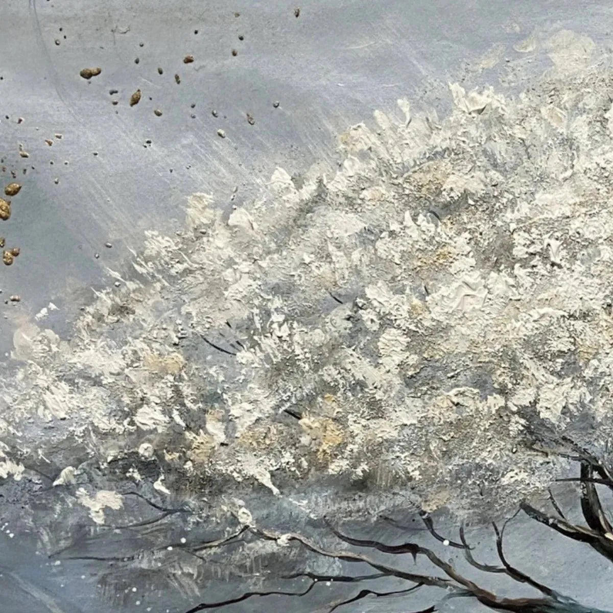 Silver Lining hand-painted white, soft grey and gold textured tree painting shown with gold frame
