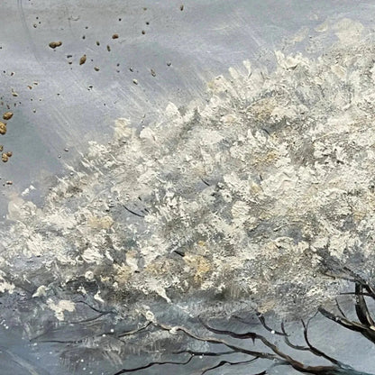 Silver Lining hand-painted white, soft grey and gold textured tree painting shown with gold frame