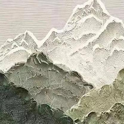 Jade Peak hand-painted white and green textured mountain river landscape painting shown with black frame