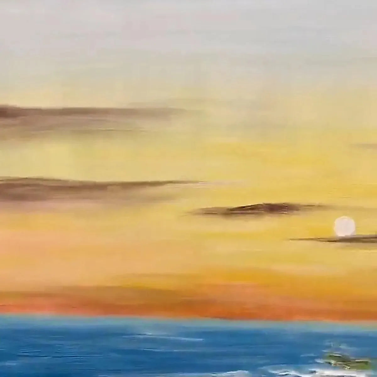 Sunkissed Shores hand-painted ocean blue, ivory and soft neutral tones textured sunset seascape painting rolled canvas option