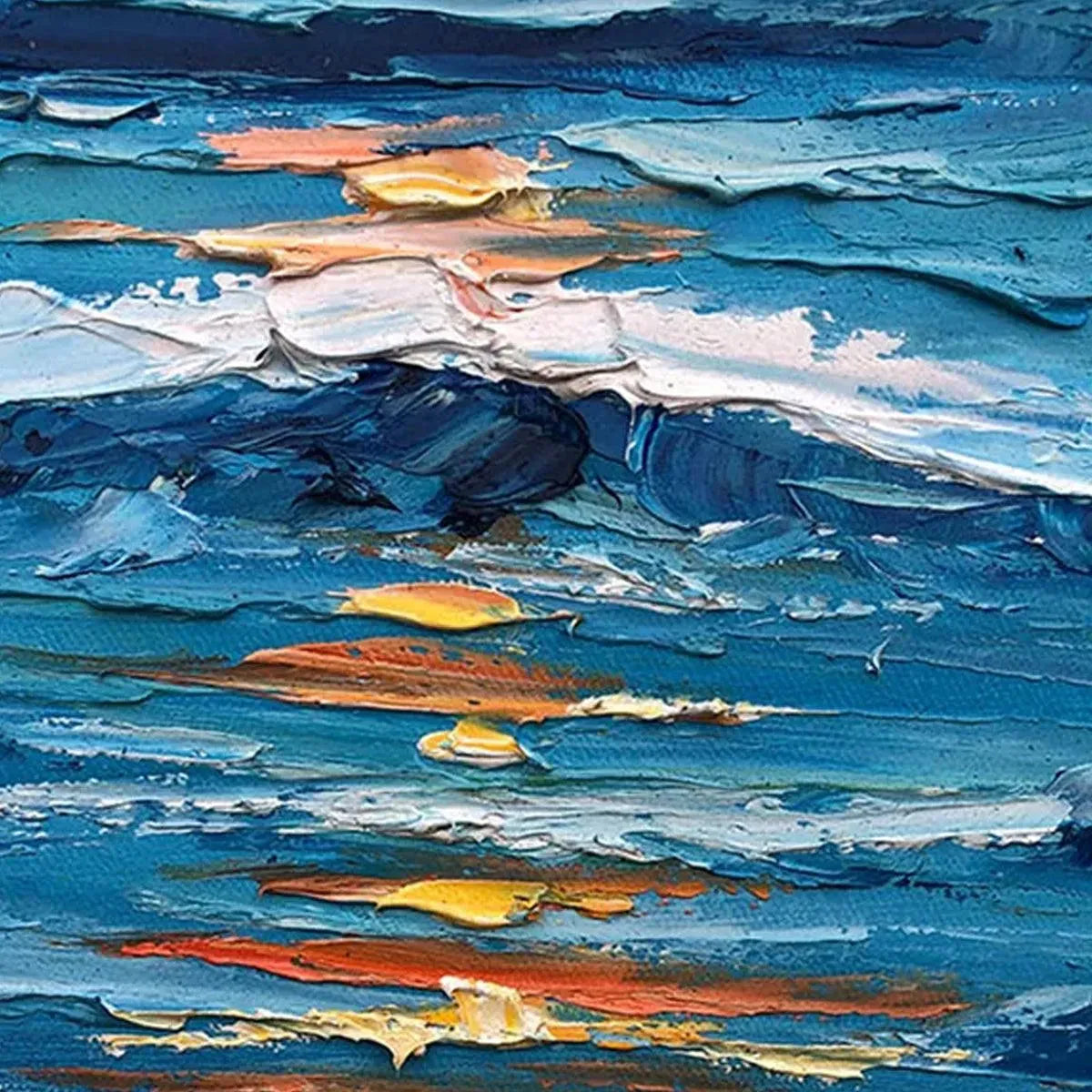 Sunkissed Shores hand-painted ocean blue, ivory and soft neutral tones textured sunset seascape painting shown with gold frame