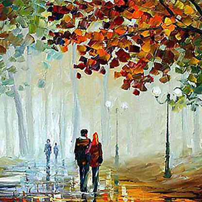 Autumn Park Stroll hand-painted burnt orange, golden yellow and crimson textured park landscape painting shown with gold frame
