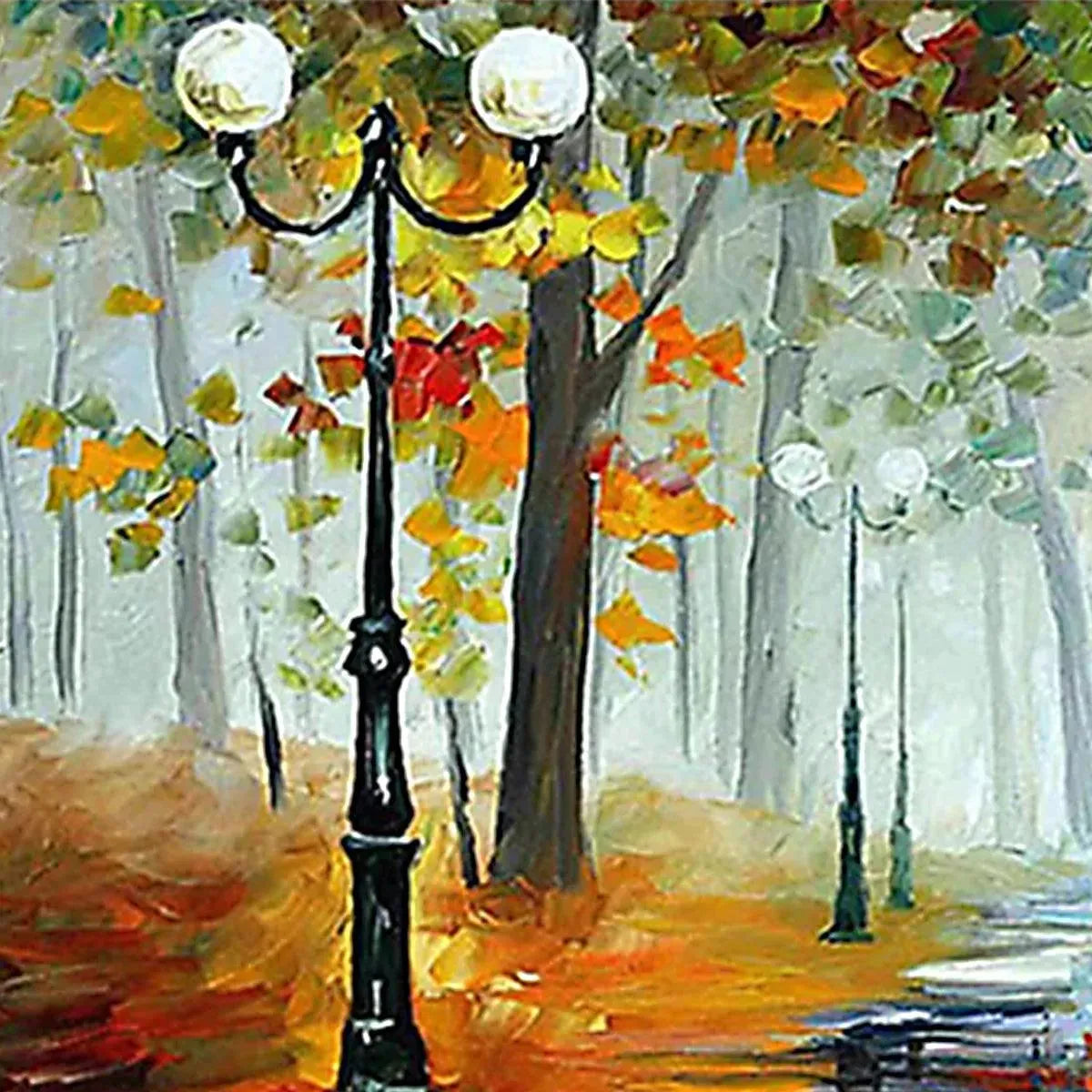 Autumn Park Stroll hand-painted burnt orange, golden yellow and crimson textured park landscape painting shown with wood frame