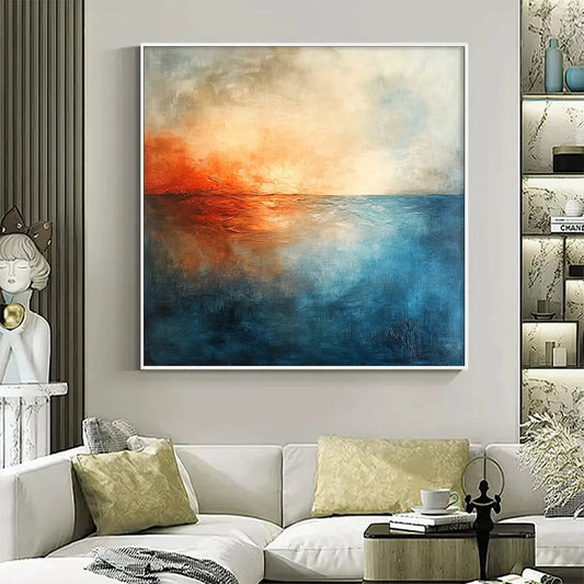 Fiery Embrace hand-painted beige and ivory textured sunset seascape painting shown as stretched canvas